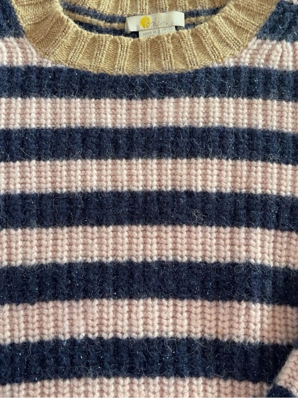 Boden Striped Sparkle Crewneck Sweater in Pink, Navy & Tan, Wool blend, Sz 8(M) - Picture 7 of 10